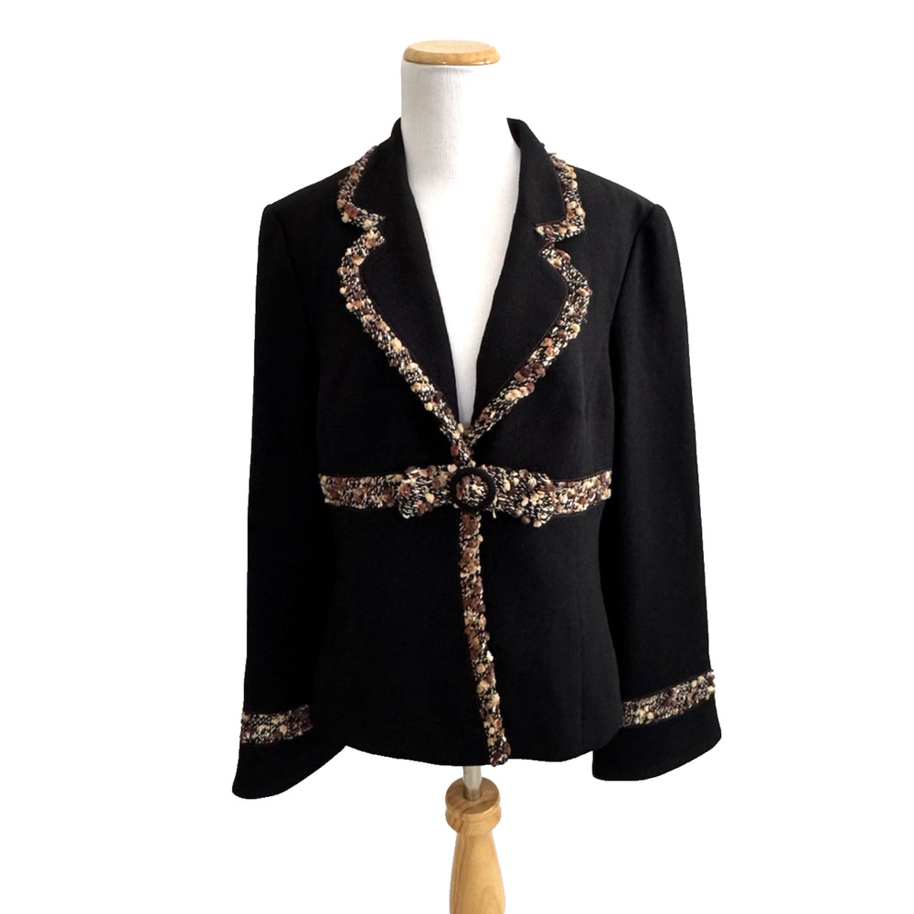 Alberto Makali Blazer Jacket 12 Black Crepe Boucle Accent Classic Designer NEW